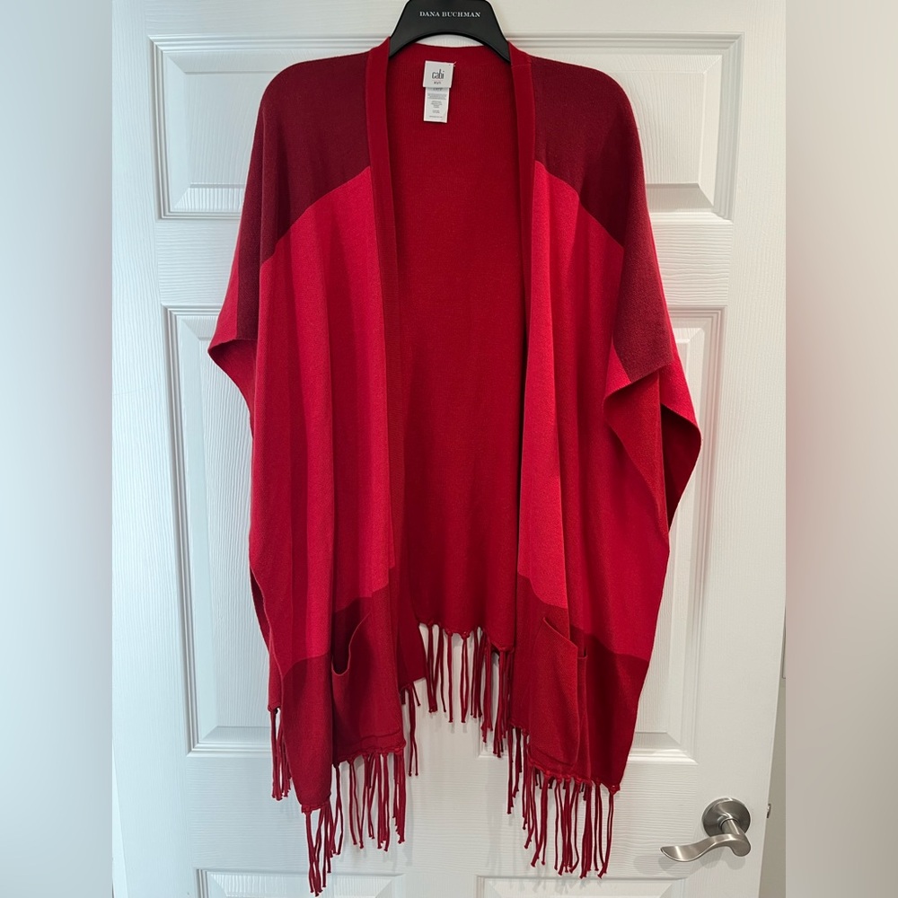 CAbi 3841 Firebrick Red Colorblock Fringe Poncho Wrap Cape Sweater Size: XS/S